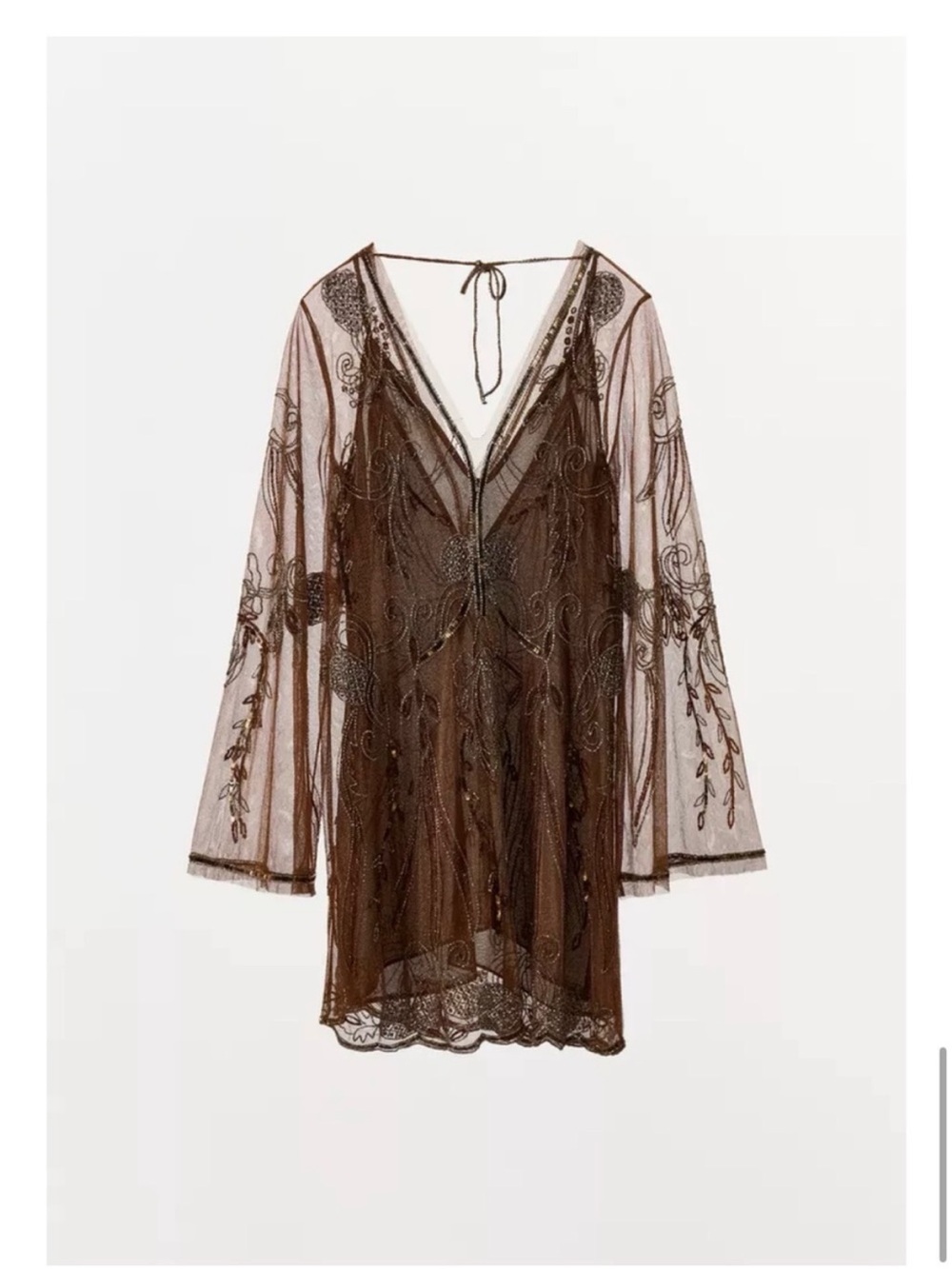 Zara Brown Beaded V-Neck Sheer-Sleeve Mini Dress - Picture 5 of 5